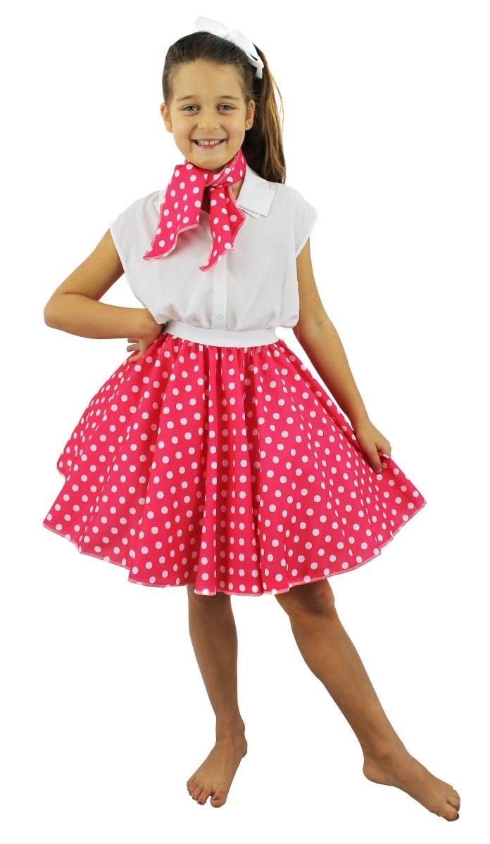 DELUXE childS ROCK N ROLL SKIRT FANCY DRESS COSTUME SET 18" LONG (46 CM) POLKA DOT 50'S SKIRT WITH NECK SCARF COLOURED ROCK AND ROLL SWING OUTFIT child (HOT PINK WITH WHITE DOTS) — image 1