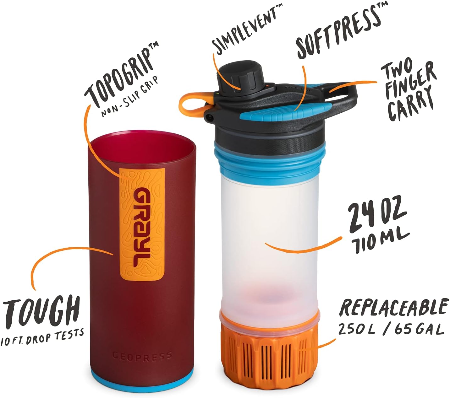 GRAYL Geopress 24 oz Water Purifier for Global Travel, Backpacking, Hiking, and Survival (Wanderer Red) : Sports & Outdoors