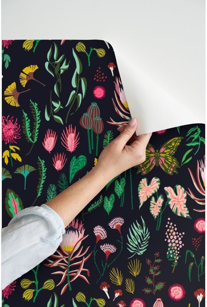 Peel & Stick Wallpaper 3ft x 2ft - Leaf Floral Study Dark Large Flowers Botanical Tropical Black Nature Custom Removable Wallpaper by Spoonflower