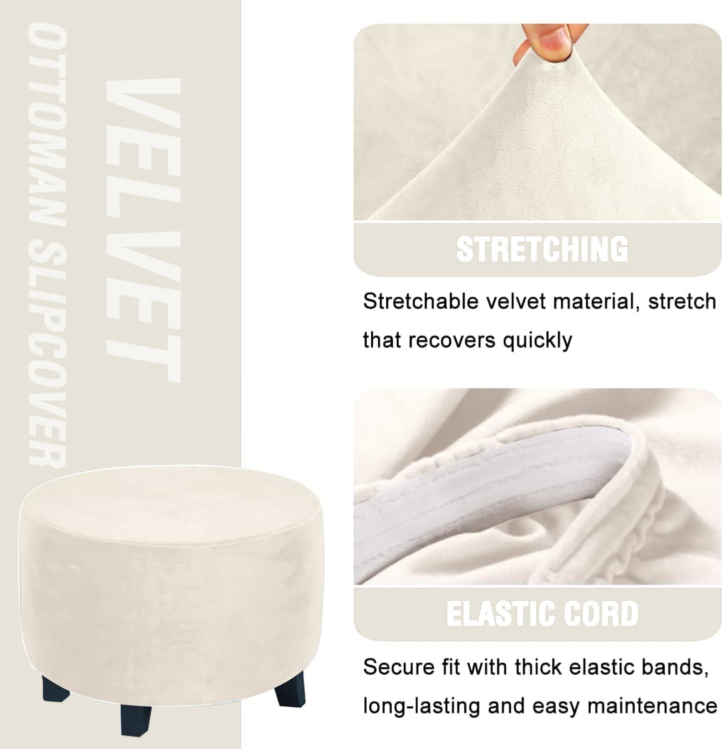 Round Ottoman Covers, High Stretchy Ottoman Slipcover Protector for Footrest Foot Stool Furniture Soft Plush Velvet Ottoman Covers with Elastic Bottom (Cream, Large)
