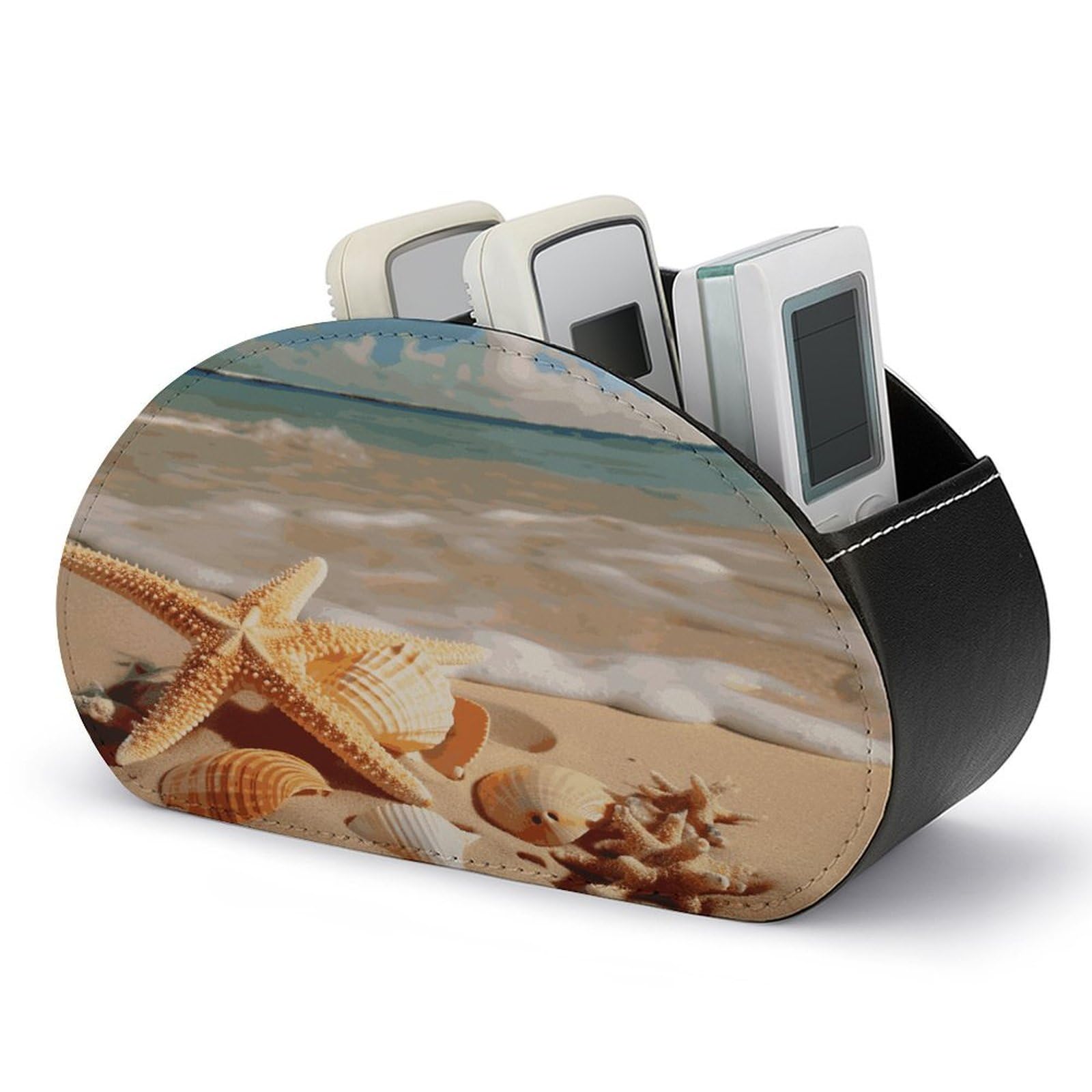 LDGSUPH Seashells Starfish on Beach Remote Control Holder with 5 Compartments PU Leather TV Remote Caddy Storage Box Multi-functional Desk Storage Organizer Box Anti-slip Desktop Caddy