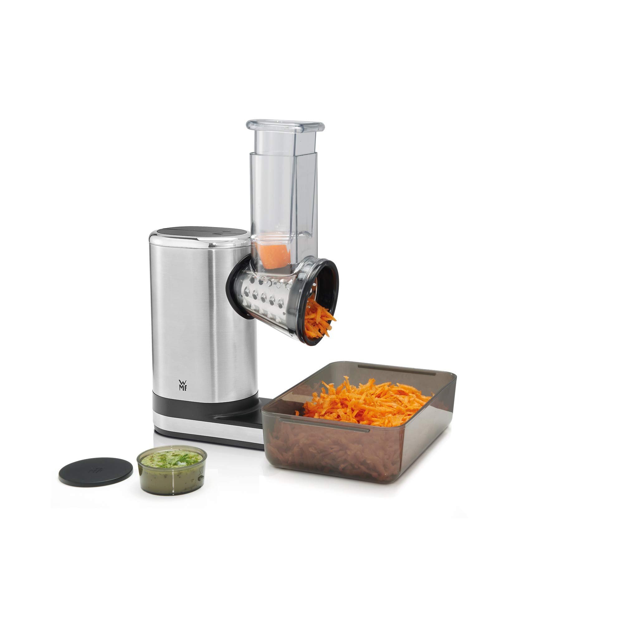 WMF Kitchenminis - Rallador Eléctrico con Accesorios Salad-To-Go, 150 W, Cromargan, 2 Velocidades, Negro/Plateado