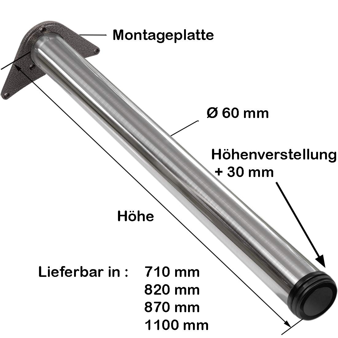 Stahlia 4 x Tischfuß Ø60 mm SCHWARZ MATT Tischbeine Möbelfuß |Höhe 710 mm|höhenverstellbar + 30 mm|inkl. Befestigungsmaterial |Tischfuss Verstellfuß Möbel Fuß Füße |