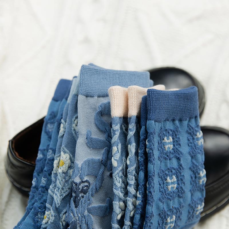 5 Pairs Cartoon Flower Pattern Knitted Crew Socks Comfy Breathable Soft Outdoor Socks4