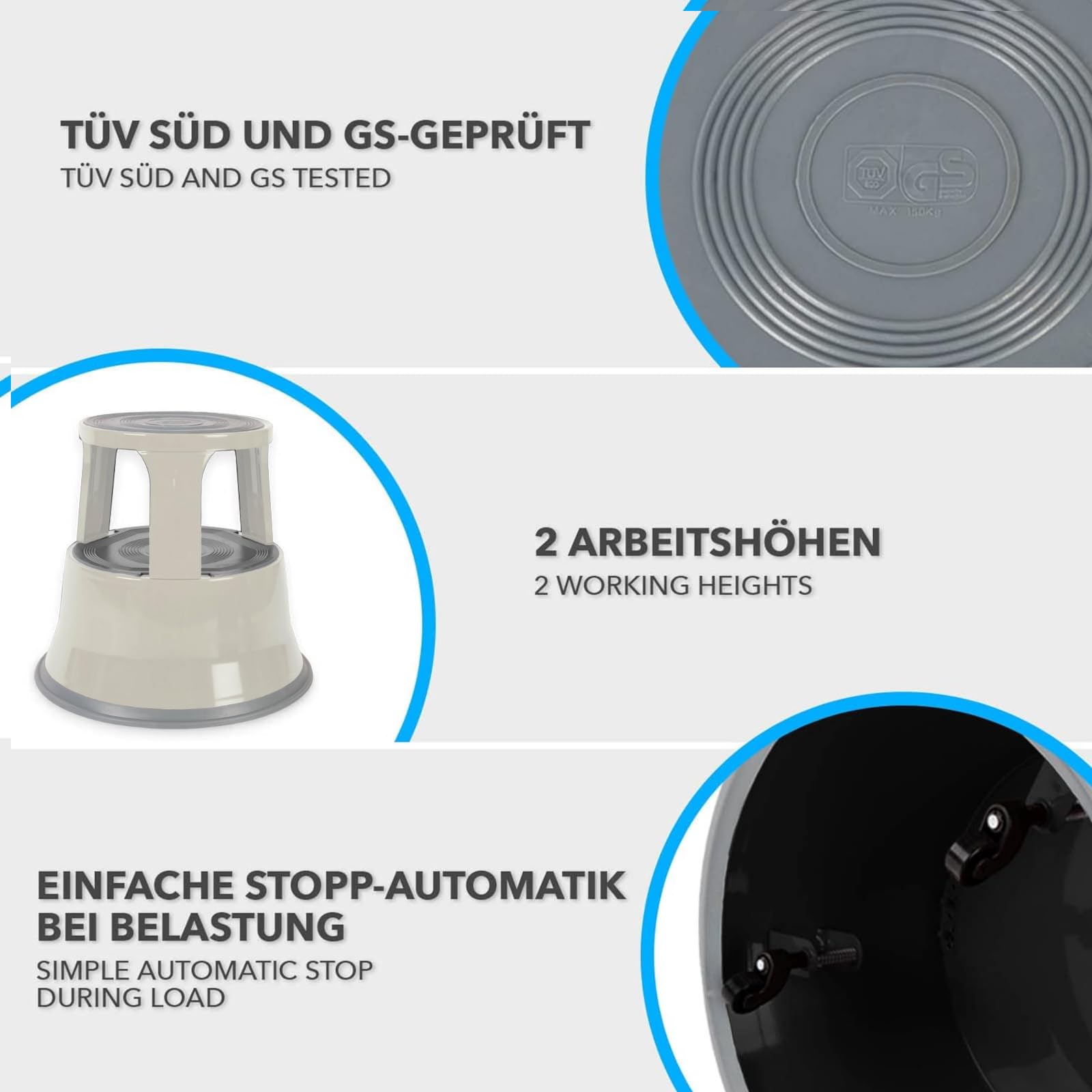 Floordirekt Taburete con ruedas, taburete escalón, pie de elefante, taburete para oficina o comercio, certificado TÜV + GS, muchos colores, plástico o acero (gris claro, metal)
