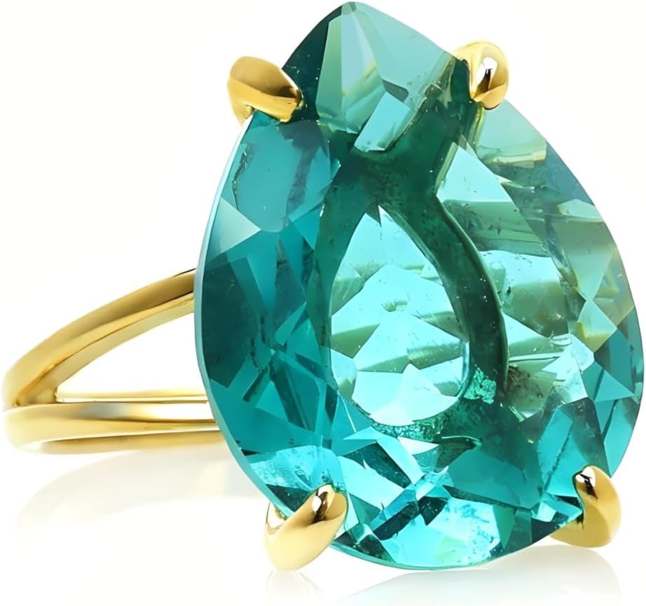 Blue Tourmaline Solitaire 14k Gold Statement Ring - Pear Cut Bold October Birthstone Design