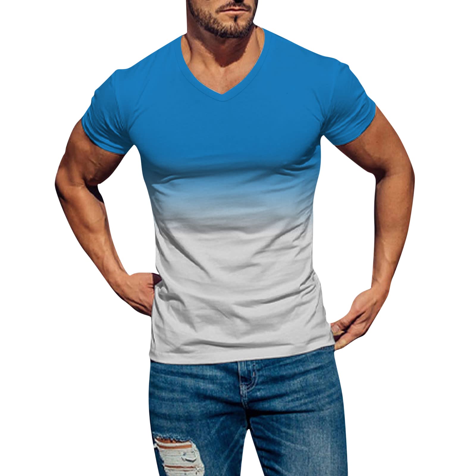 Mens Summer Shirt Gradient Short Sleeve Shirt Casual V Neck Pullover T-Shirt Athletic Workout Tops Basic Muscle Tee