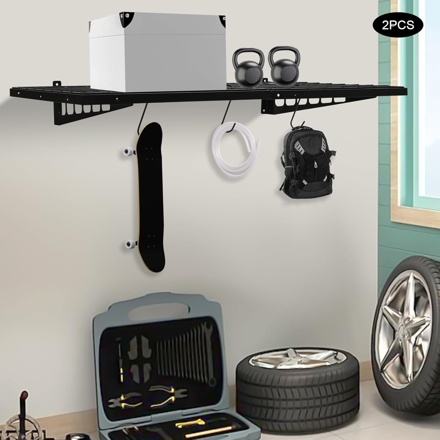 2 Pack Garage Wall Shelves Heavy Duty Garage Wall Shelving Wall Mount Garage Shelving Units and Storage Max Load 440lb 48X24.4X5.9in (Black, 6 Hooks)