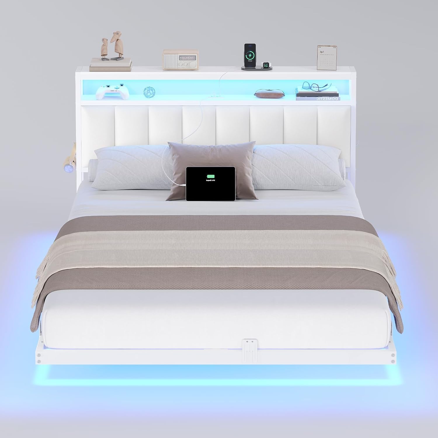 AOGLLATI Cama 140 x 190 cm con Iluminación LED y Estación de Carga, Camas Matrimoniales con Cabecero Tapizado en PU, Cama Matrimonio con Espacio de Almacenamiento, Diseño Visual Flotante, Blanco