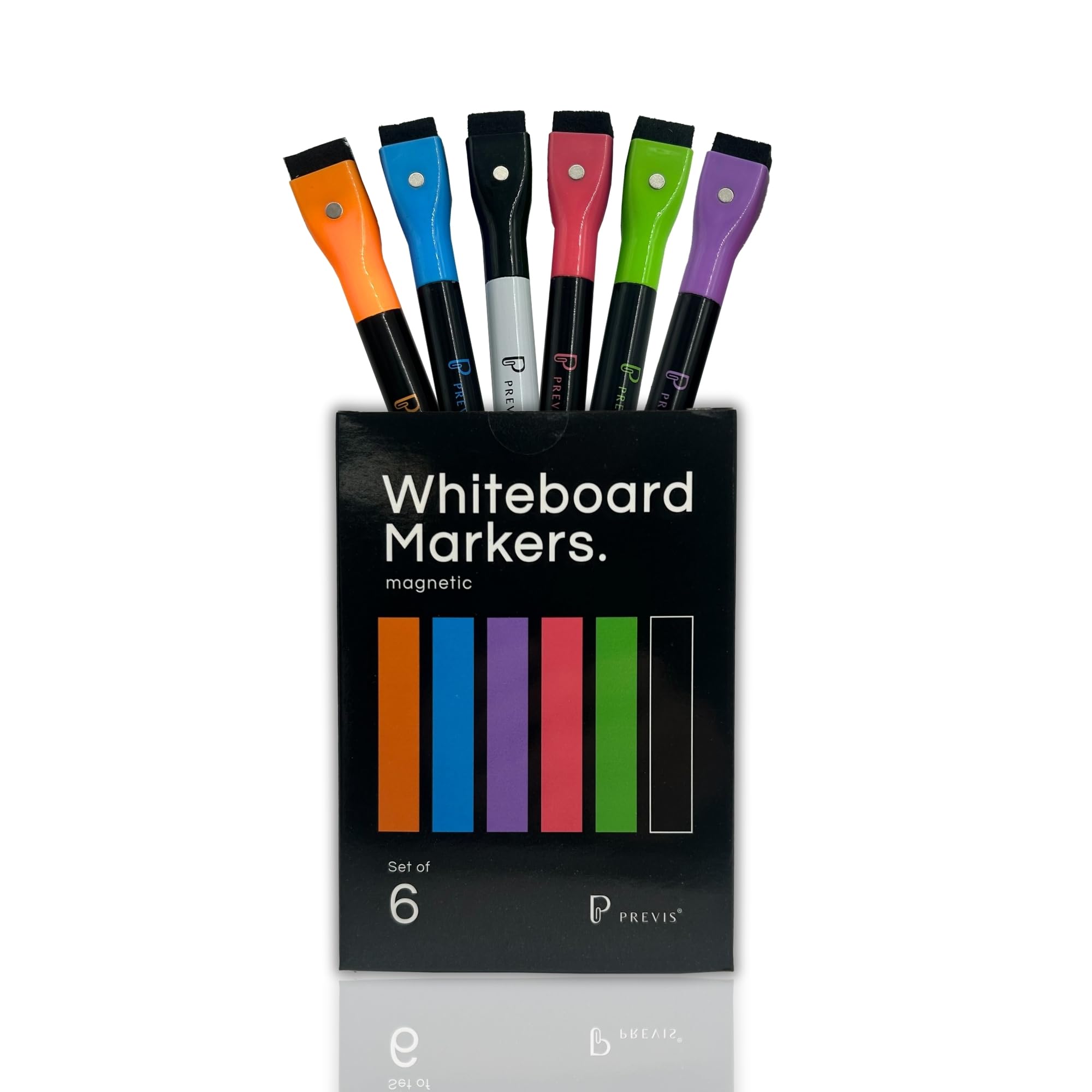 PREVIS Rotuladores Pizarra Blanca Magnetica Punta Fina Borrables con Borrador - 6 Colores Vivos - Whiteboard Marker para Nevera, Oficina y Niños - Markers Rotulador Borrable con Esponja