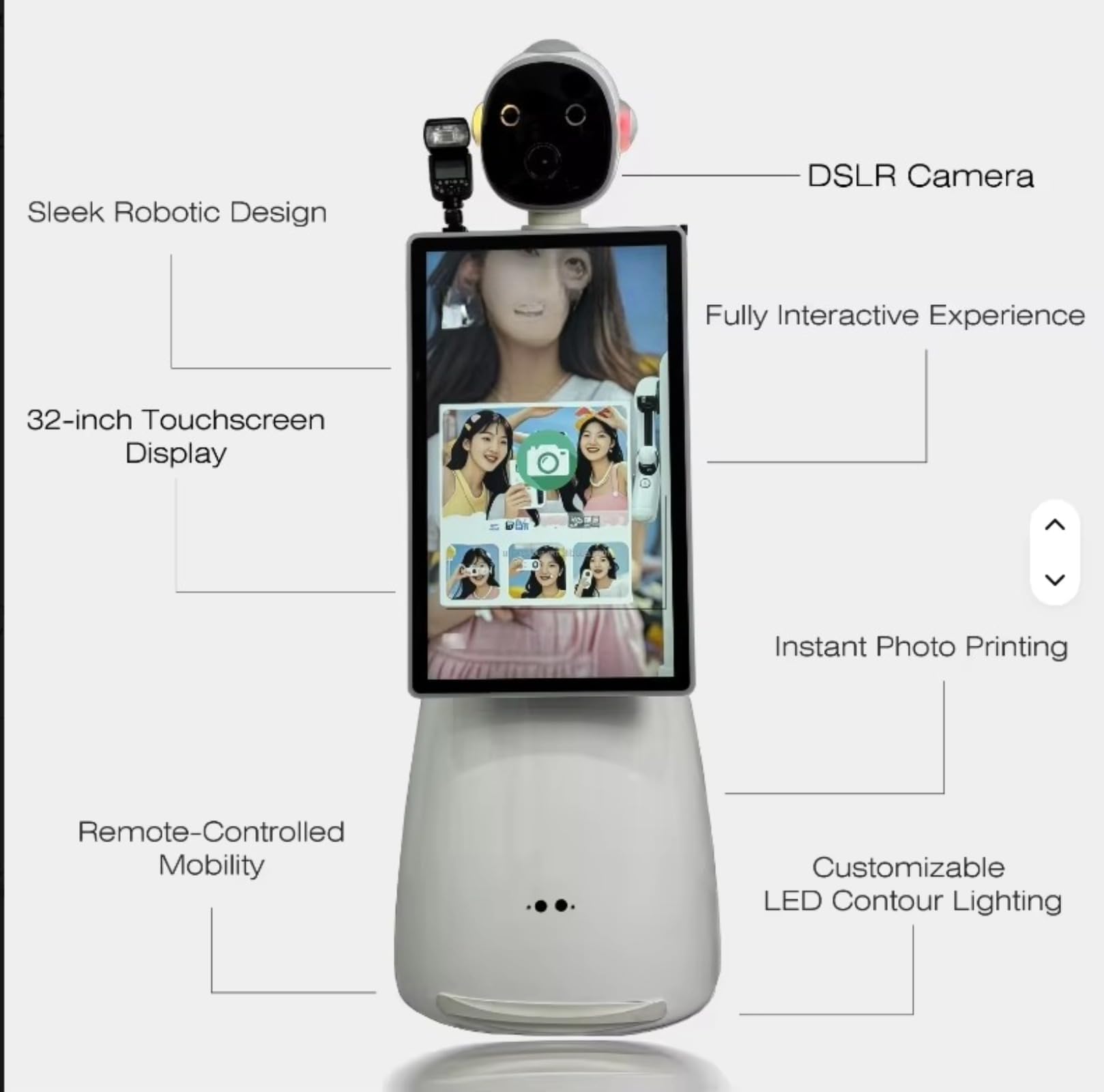 Interaktywny robot do fotobudki, światła LED i animowane uszy
