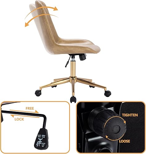 Miniatura 4 de DUHOME Silla de oficina moderna de piel sintética, silla de escritorio giratoria para computadora con base dorada, camello