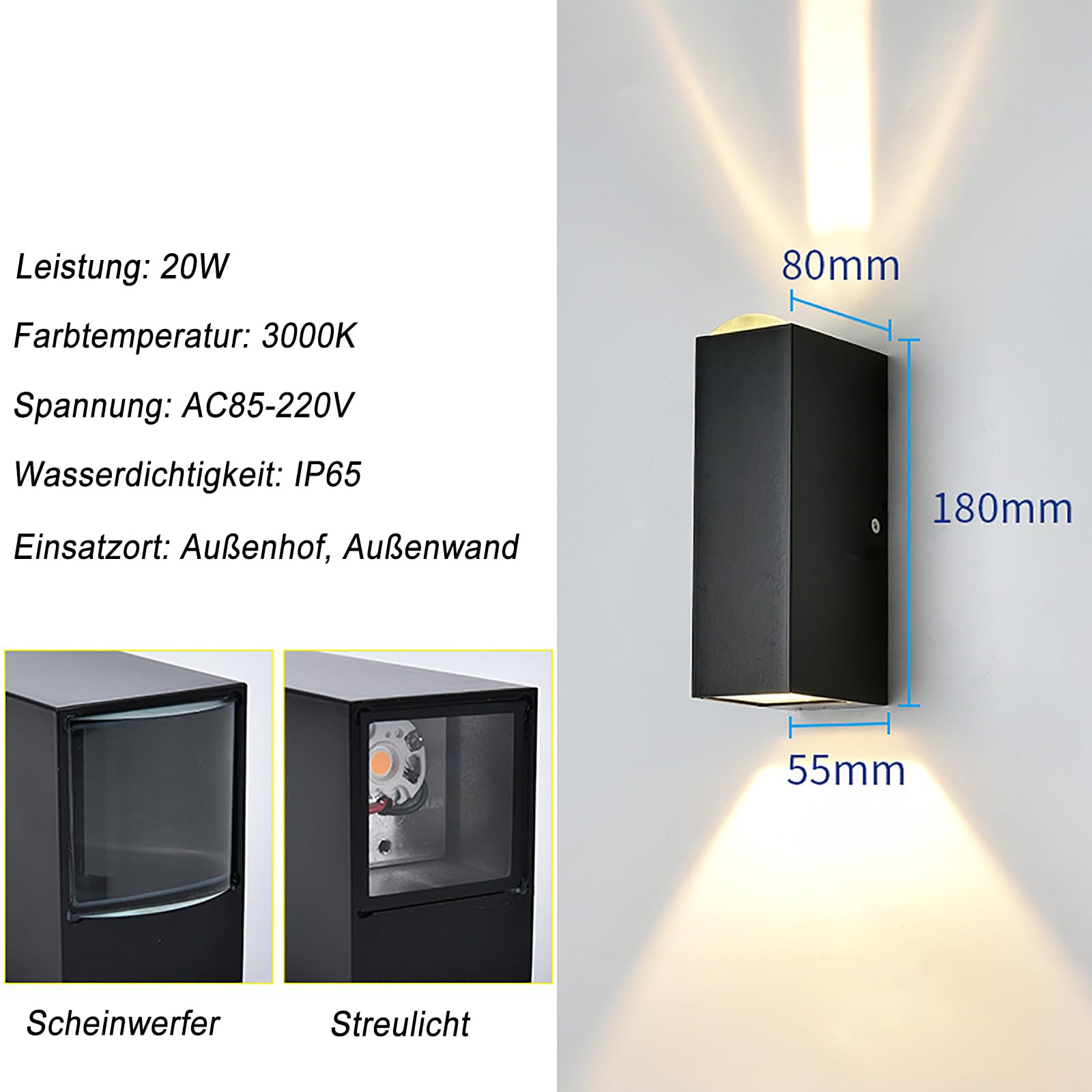 Außenlampen Wasserdicht IP65 Ausenbeleutung hauswand, Modern außenleuchten, Aluminium wandleuchte aussen, Up Down wandleuchte aussen, Schwarz aussenlampe, 20W Außenwandleuchten 3000K