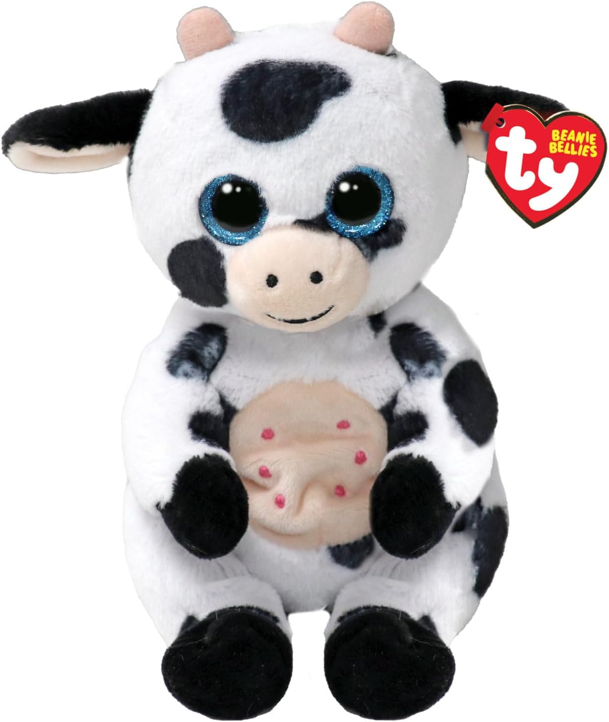 Beanie Bellies - Herdly the Cow with Blue Eyes Glitter, Plush Toys with the Soft Bench, Original 20 cm - T41287