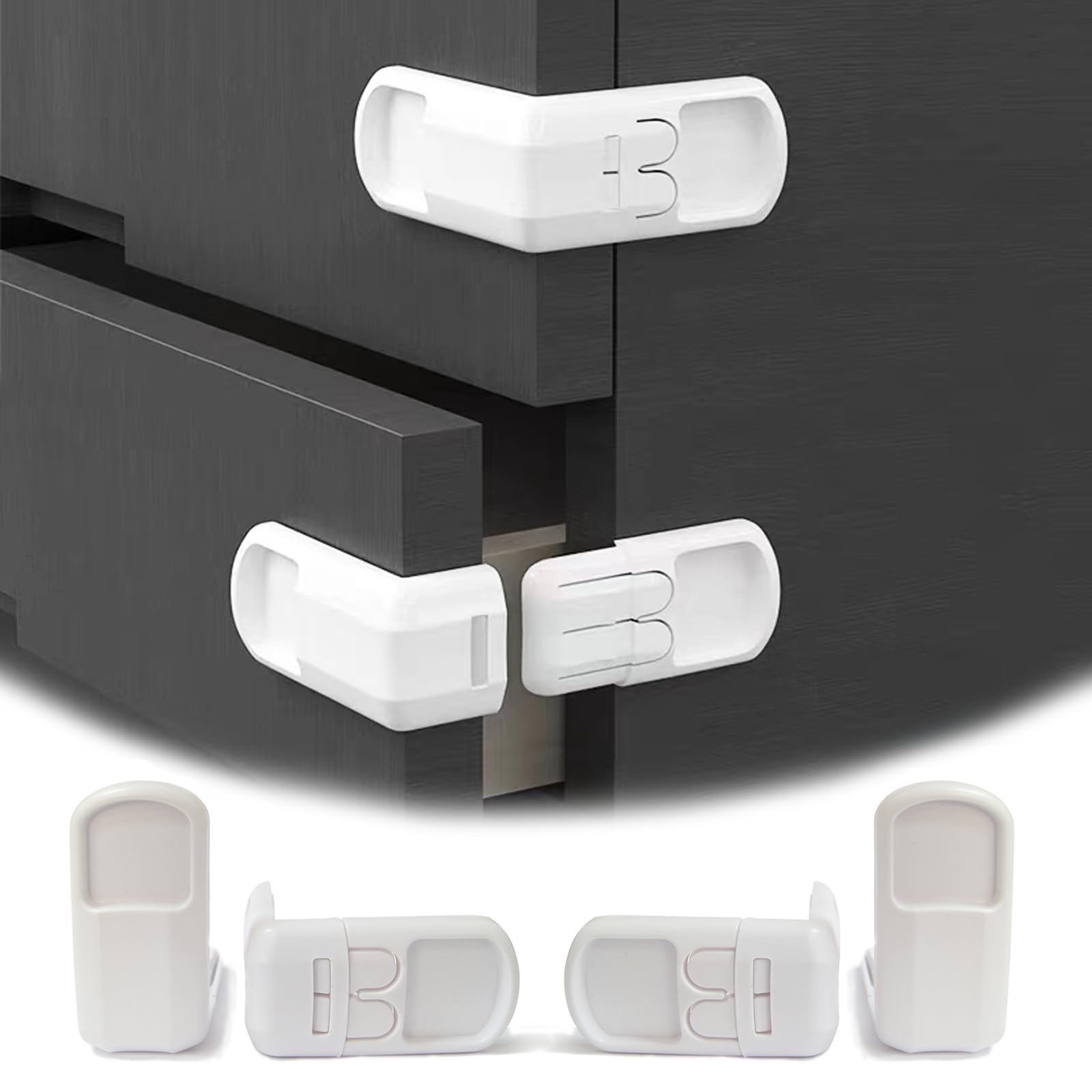 DHinkyoung 4 Pcs Safe Cupboard Locks for Children, Update Child Proof Drawer Locks, Dual-Button Baby Proofing Corner Locks for Cabinet Cupboard Drawer Refrigerator Oven