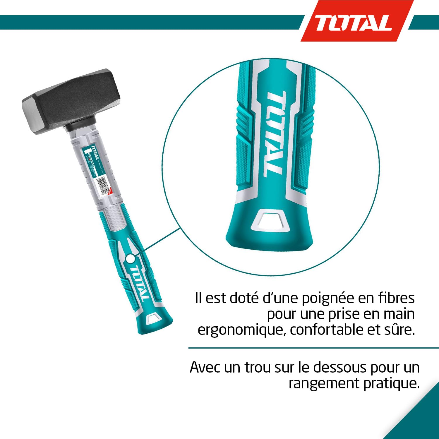 TOTAL - Masse en acier - 2000g - Idéal pour la construction et la maçonnerie - Résistance élevée aux chocs - Poignée ergonomique en fibre - Tête en acier au carbone forgé