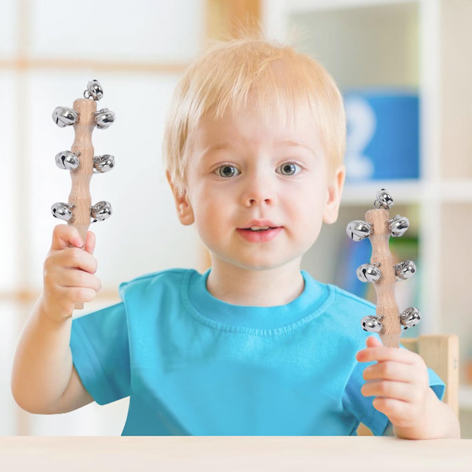 Jingle Stick, hölzerne Jingle Handglocken - Percussion Rassle Musical Shaker Toy - Bells bleiben mit Holzgriff für Tanzkonzerte Bühnenbildgeburtstag