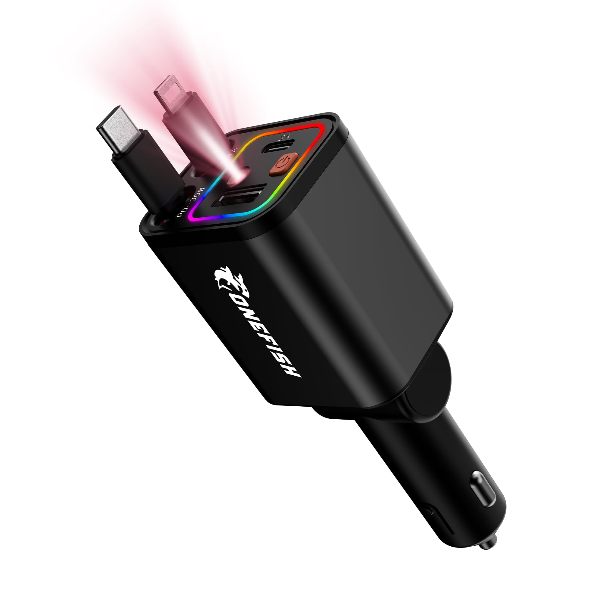 OneFish Starlight Fast Car Charger, 4 in 1 Cigarette Lighter Chargers with USB Type C Ports Retractable Cord Display, for iPhone 17 16 15 14 Pro Max Plus/iPad, Car Truck Essentials Gift for Women Men