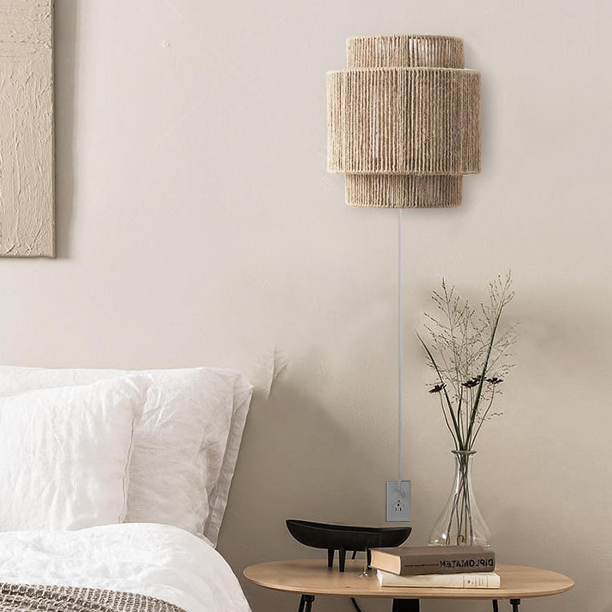 Wandleuchte Innen mit Schalter, E27 Boho Vintage Rattan Wandlampe mit Stecker Kabel, UP & Down Beleuchtung Nachttischlampe Handgewebter Rustikal Rattan Bambus Dekolampe für Wohnzimmer Schlafzimmer