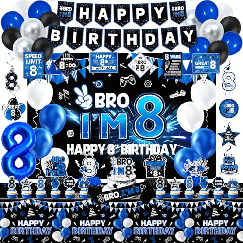 Mpanwen 8th Birthday Decorations Boy Blue Black Bro Im 8 Year Old Party Supplies Decor for Boys 8th Birthday - Backdrop Banner Balloons Tablecloth Centerpieces Hanging Swirls Wall Signs