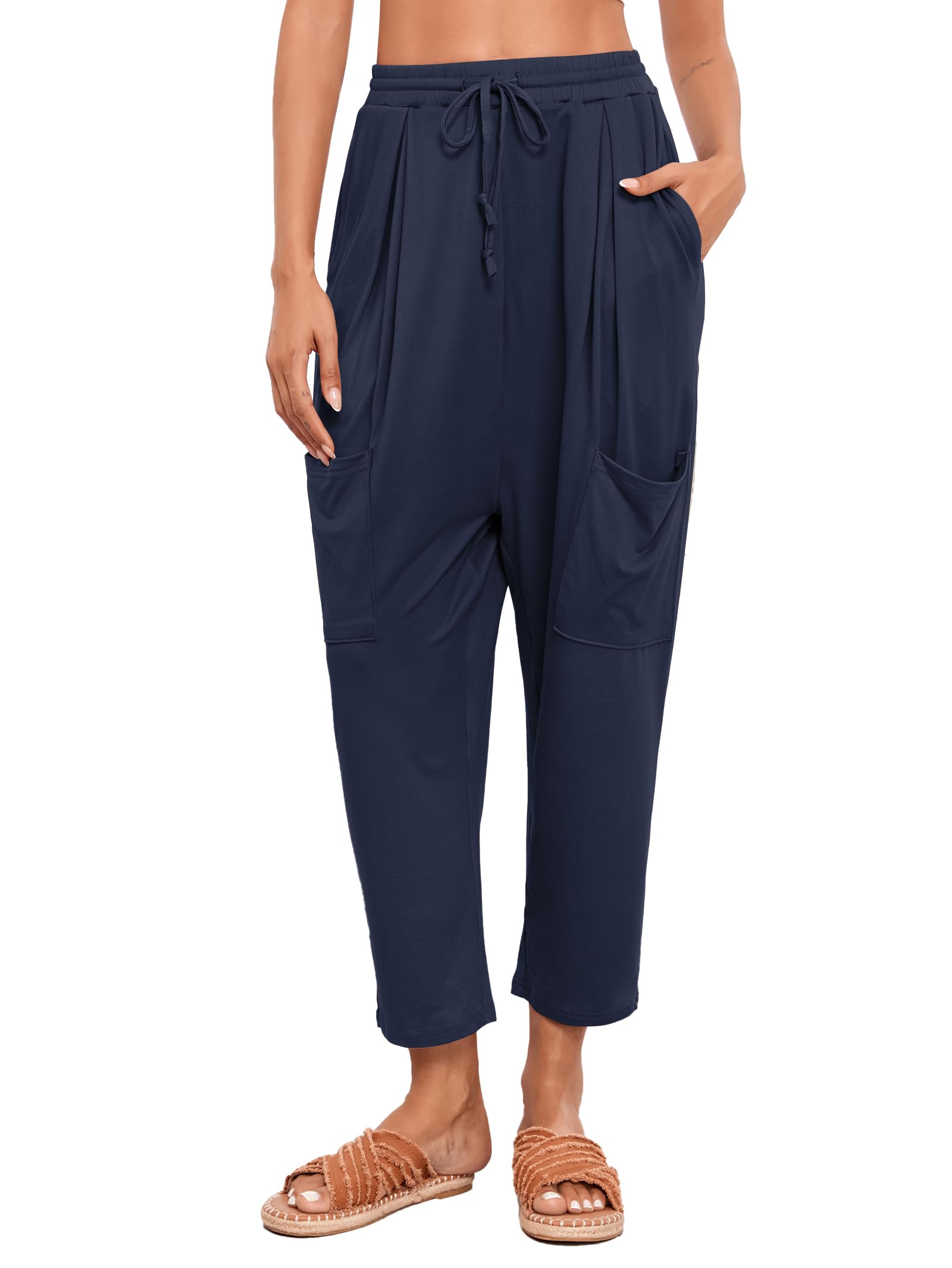Famulily Damen Oversized Harem Hosen Kordelzug Stretch Cropped Hosen Casual Hosen mit Taschen S-XXL