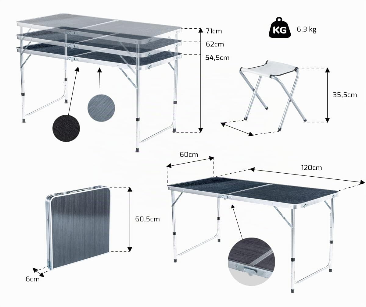 Table de Camping Pliante avec 4 Chaises de Camping - 120 x 60 cm - Table Pique Nique et Jardin avec Chaise pour 4 Personnes - réglable en Hauteur, Gris