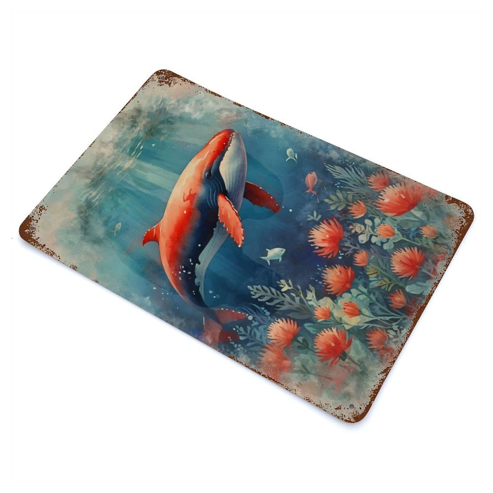 Rust Effect Red Whale Underwater Rusty Metal Tin Sign 11.8"x7.9", Old School Wall Decor for Cafe, Home Bar And Lounge Decor