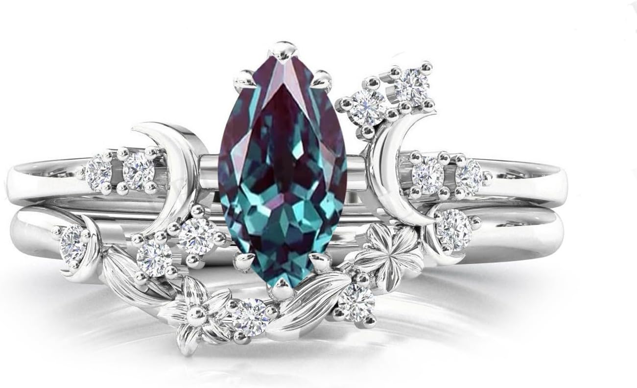 10K 14K 18K Black Gold Marquise Gemstone Engagement Ring Set for Women 925 Sterling Silver Gemstone Triple Moon Goddess Art Deco Bridal Wedding Ring Set (Size 4-15) - Image 6