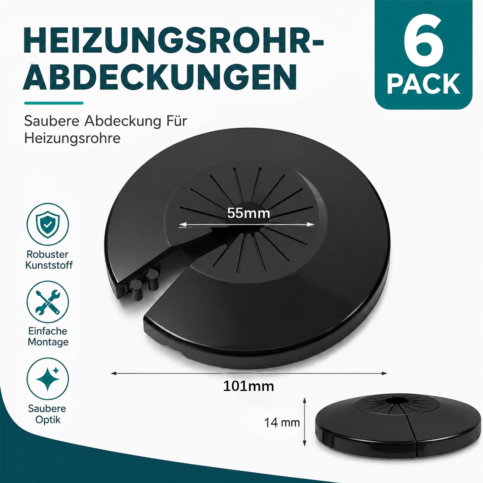 Heizungsrohr Rosetten 6er Set, Flexible Rohrabdeckung zum Aufklipsen, Rohrmanschette für Heizkörperrohr Wasserrohr Wand und Boden, Universal 30-55 mm, Schwarz