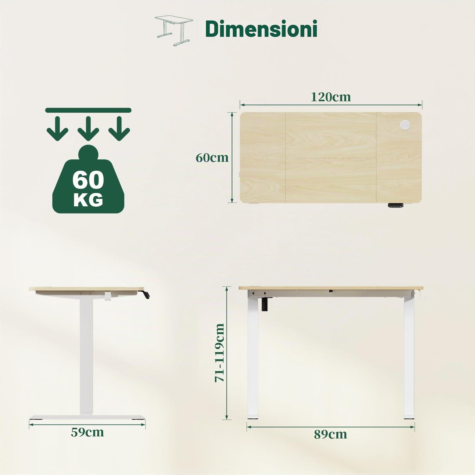TRIUMPHKEY Scrivania Regolabile in Altezza 120 x 60cm,Elettrica Regolabile Scrivania,Tavolo da Computer,con Funzione di Memoria,Standing Desk 71-119 cm?Beige?