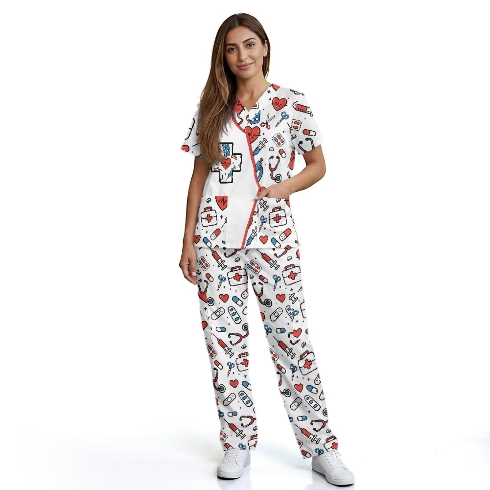 Set di scrub con stampa carina con scollo a V e pantaloni a gamba dritta con 6 tasche, per infermieri, abbigliamento da lavoro, facile da pulire