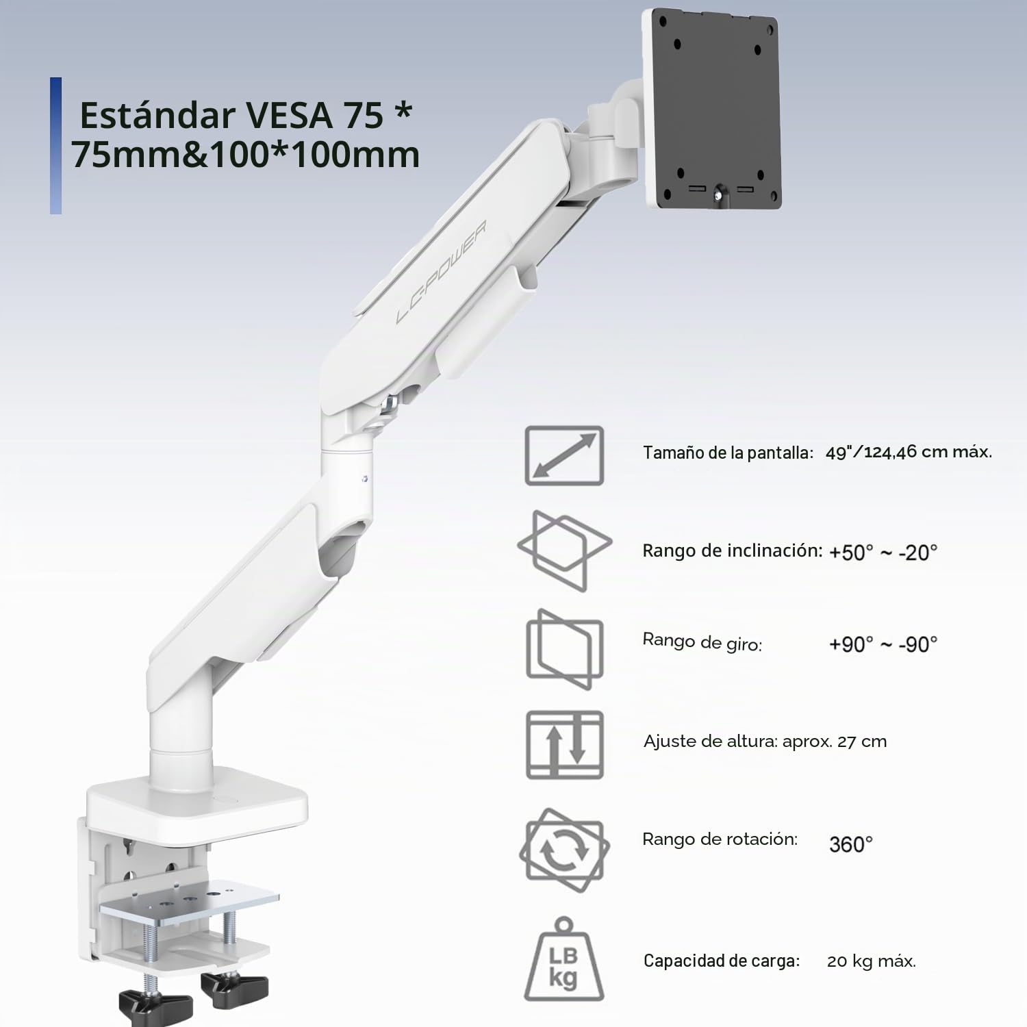 LC-POWER Soporte de Monitor de Escritorio Ajustable - Elevador de Pantalla con Brazo Giratorio de 360° - para Monitores de 17 a 49 - Carga de hasta 20 kg - VESA 75x75mm / 100x100mm - LC-EQ-A49W