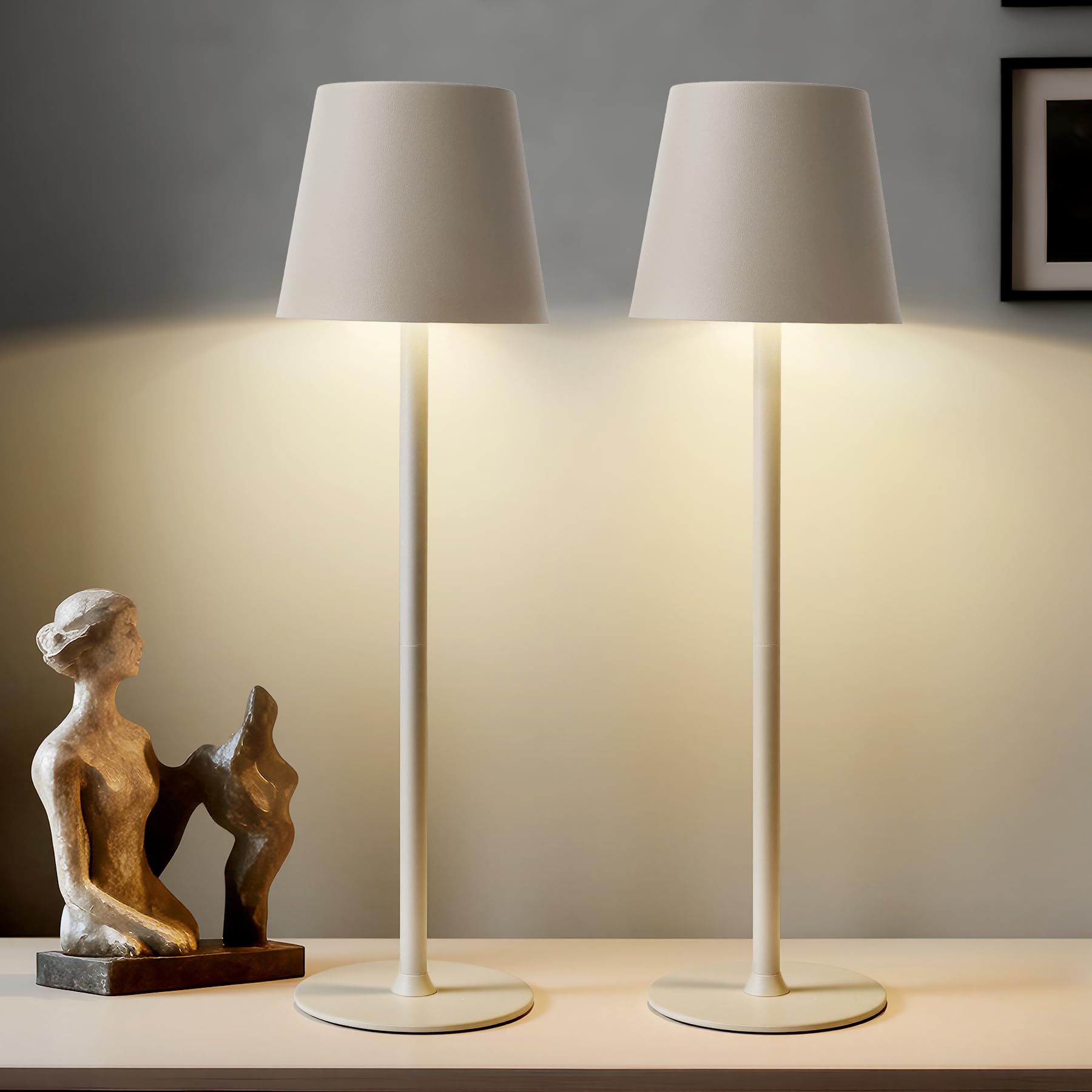 Bonsery Tischlampe Kabellos 2 Stück, Akku Tischleuchte Kabellos mit 3 Farbtemperatur Dimmbar, Portable LED Tischlampe Touch mit 24cm/37.5cm Höhe, Nachttischlampe 2er Set für Büro Garten Bar, Beige