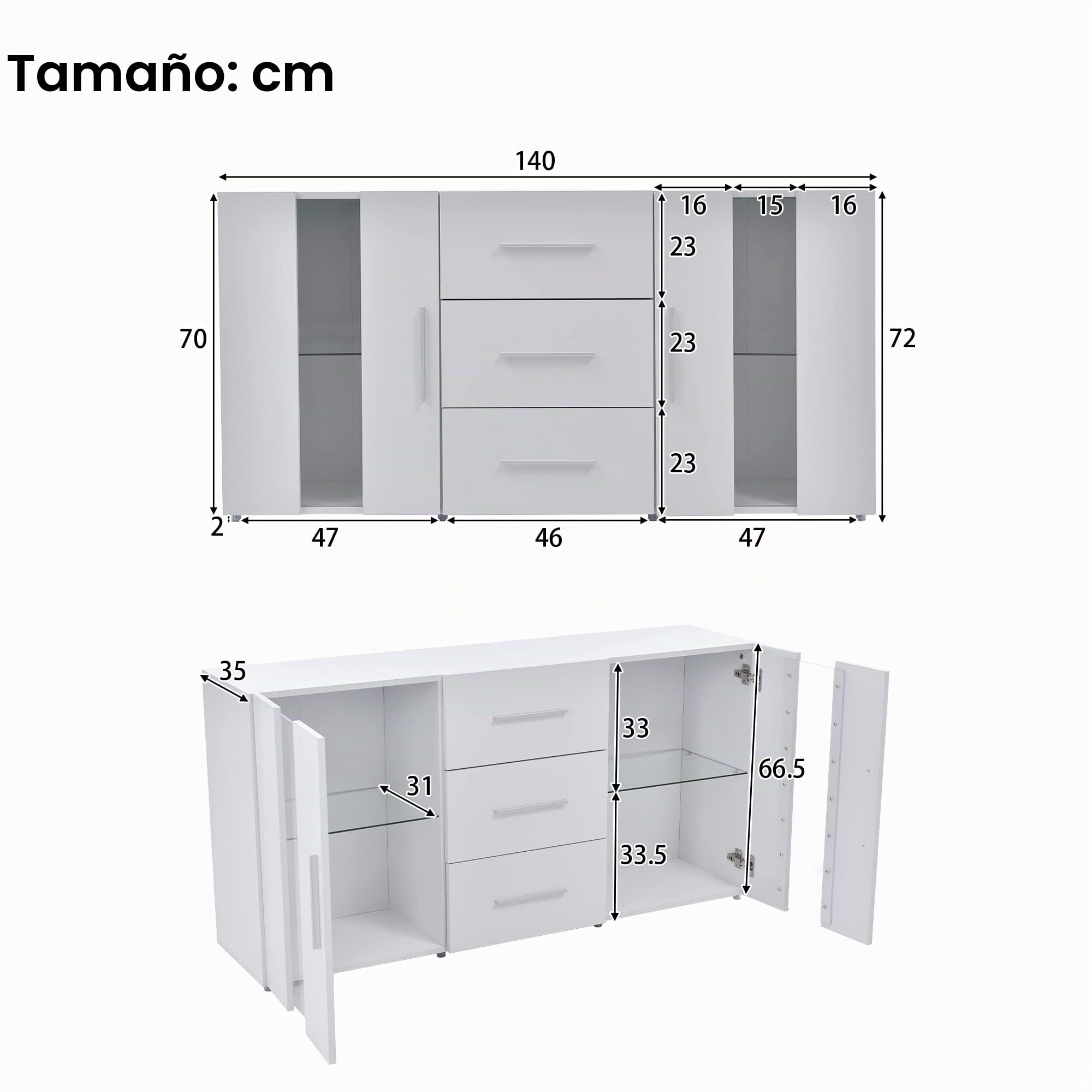 Azkoeesy Aparador LED 140 x 35 x 72 cm, Blanco, Cómoda con 3 cajones - Puertas acrílicas - Tiradores Plateados - Mueble TV/Buffet para Comedor/salón/Cocina