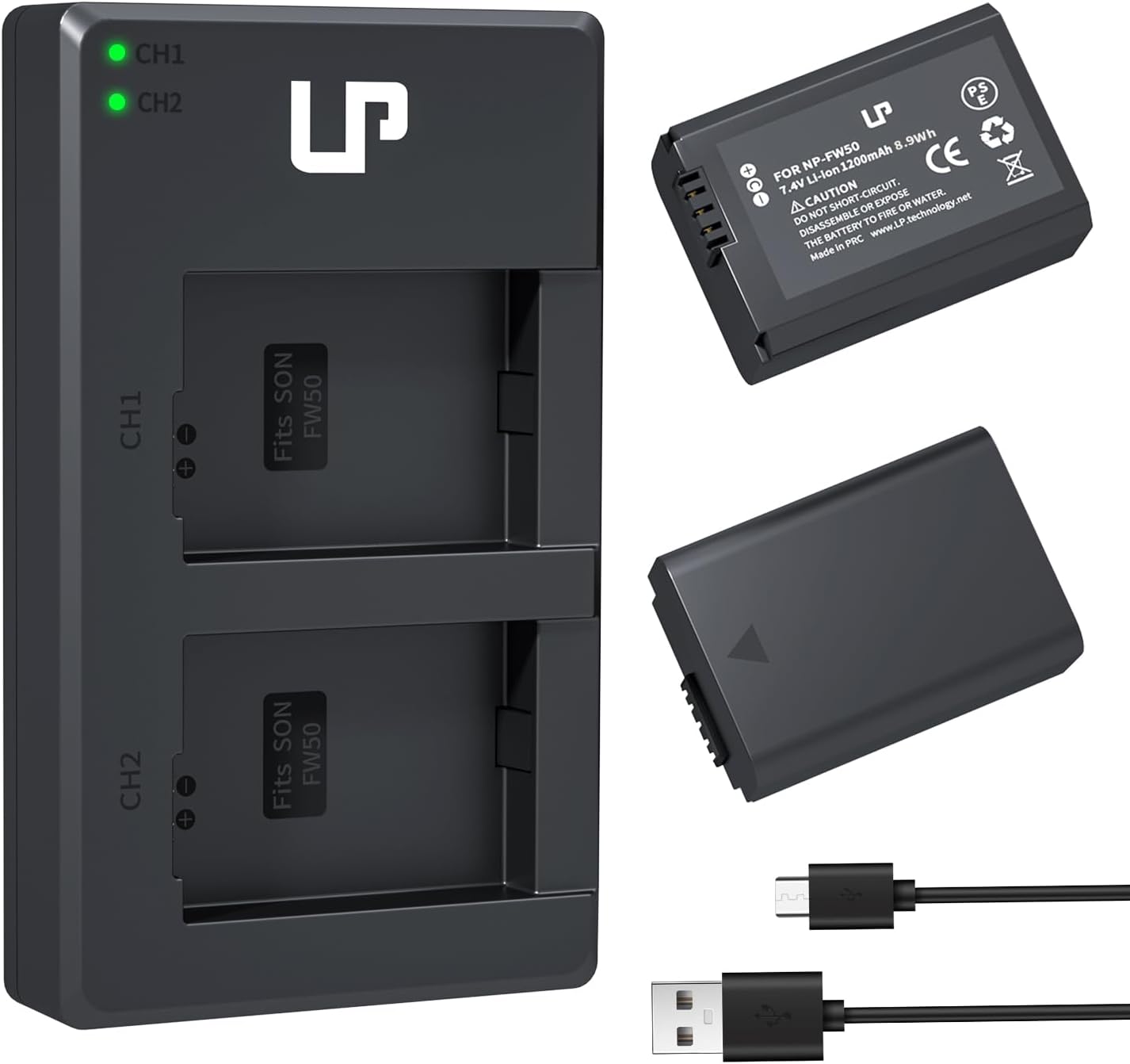 NP-FW50 Battery Charger Pack, LP 2-Pack Battery & Dual Slot Charger for Sony Alpha A6000, A6400, A6100, A6300, A6500, A5100, A5000, A7, A7II, A7R, A7RII, A7R2, A7S, A7SII, A7S2, RX10 RX10II ZV-E10