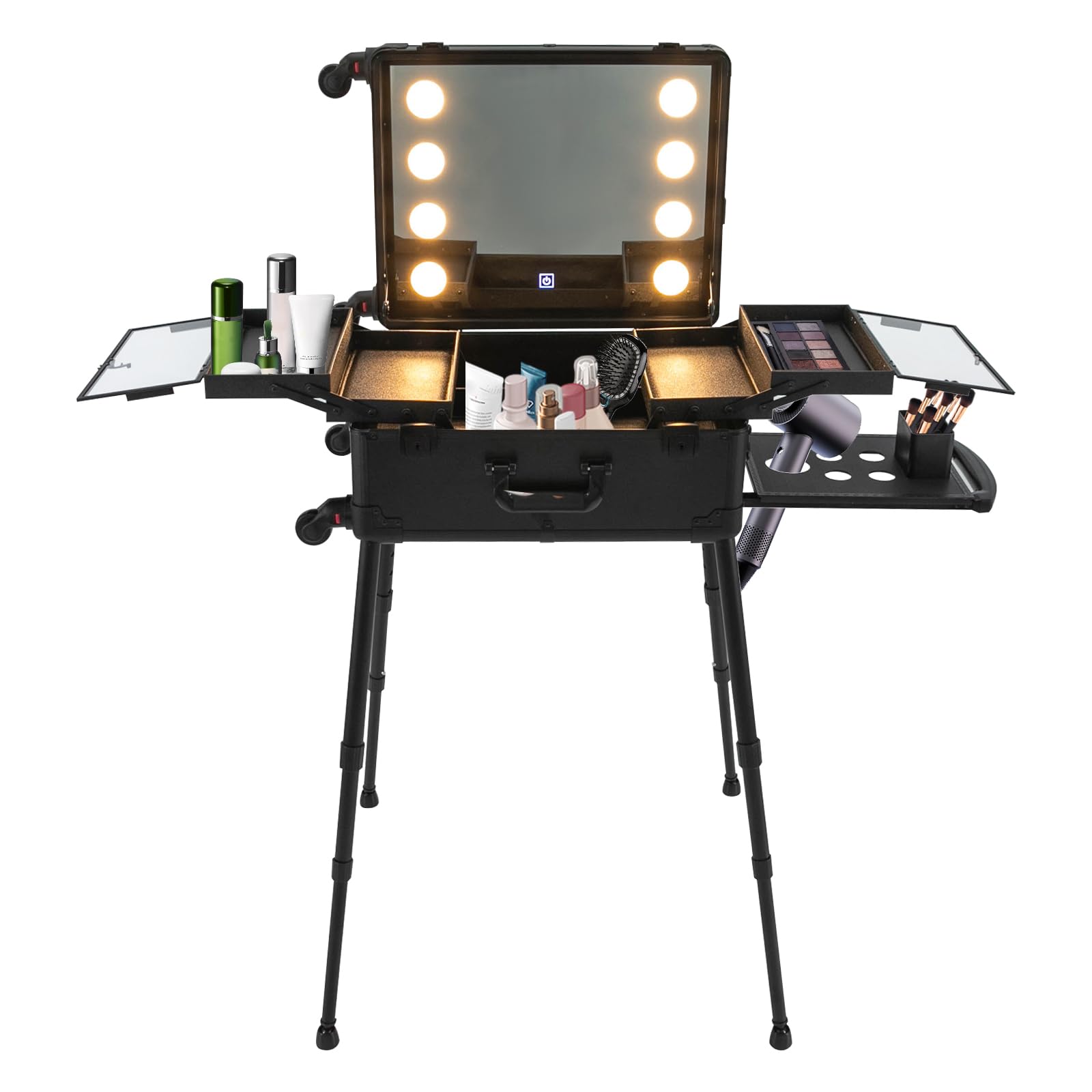Kosmetikkoffer Mit Spiegel Und LED Licht, Schminkkoffer Damen Rollkoffer, Beautycase Hartschale Mit Rollen, Kosmetikkoffer Groß Mit Teleskopgriff, Beauty Case Für Make Up Und Friseur