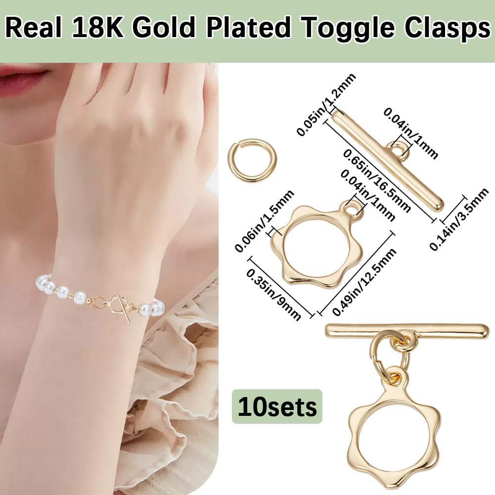 Beebeecraft 1 Box 10Pcs Toggle Clasps T-bar Closure Connectors Real 18K Gold Plated Flower Shape OT Toggle Necklace Fastener Clasp Buckle Link Findings for Jewelry Making Pendants Bracelets