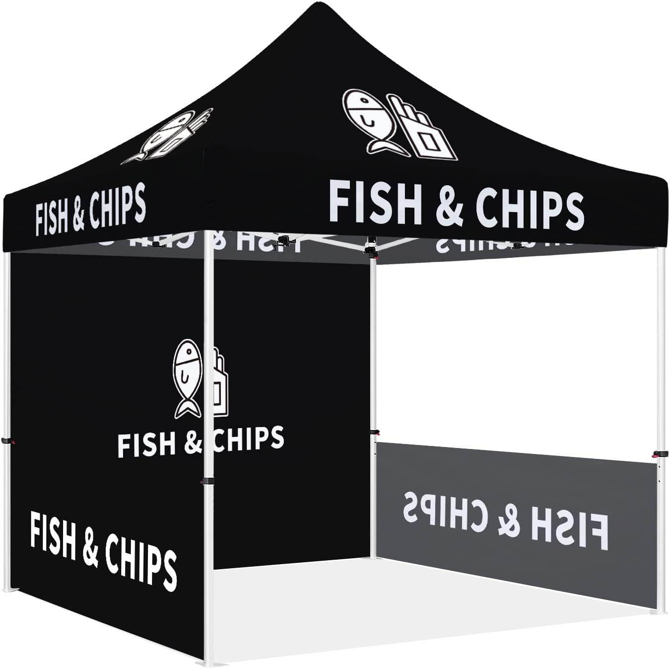 Custom Canopy Tent 10x10 with Logo, Personalized Pop Up Canopy Tent with Optional Walls for Business Events, Trade Shows, Farmers Market, Roller Bag Included(Demo Fish and Chips)