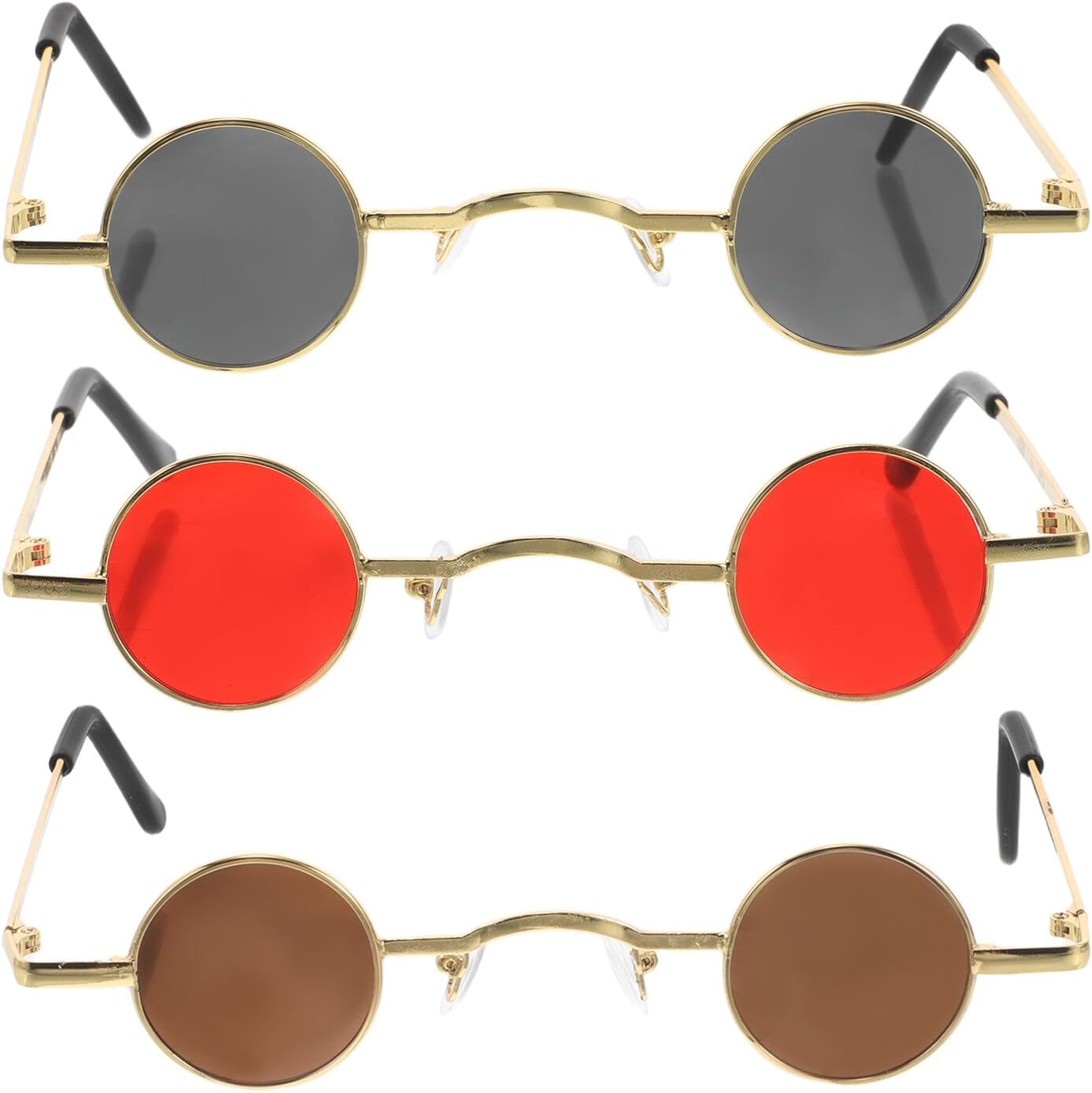 Hemoton 3pcs Vintage Steampunk round Sunglasses Set, Retro Gothic Circle Shades with Gold Frame and Gray, Red, Tea Lenses for Men and Women, Trendy Hipster Eyewear for Outdoor and Travel
