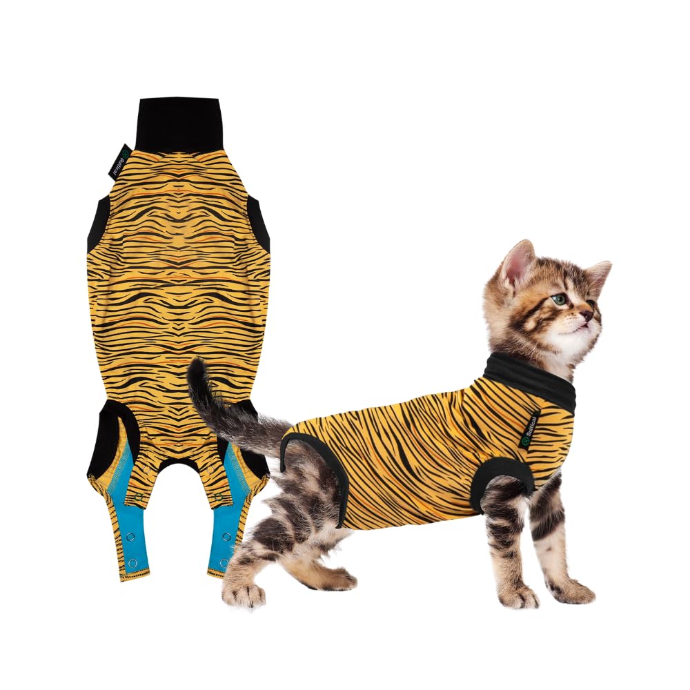 Suitical Cat Recovery Suit for Spay, Neuter, Suture, Incision, & Skin Conditions - Breathable Fabric with Back Opening - 11.4-14.6 Inches Neck to Tail - 3XS, Tiger Print