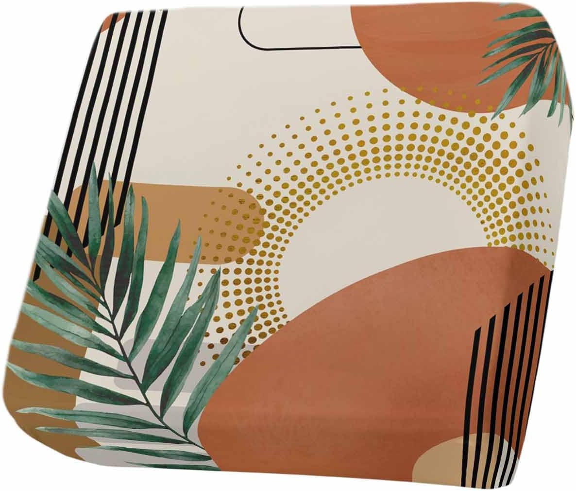 Boho Geometric Stretch Couch Sofa Cushion Covers, Farmhouse Orange Abstract Leaves Stripes Sectional/Individual/L/T Shape Sofa Couch Slipcover Armchair Furniture Protector with Elastic, S Size 1-PC