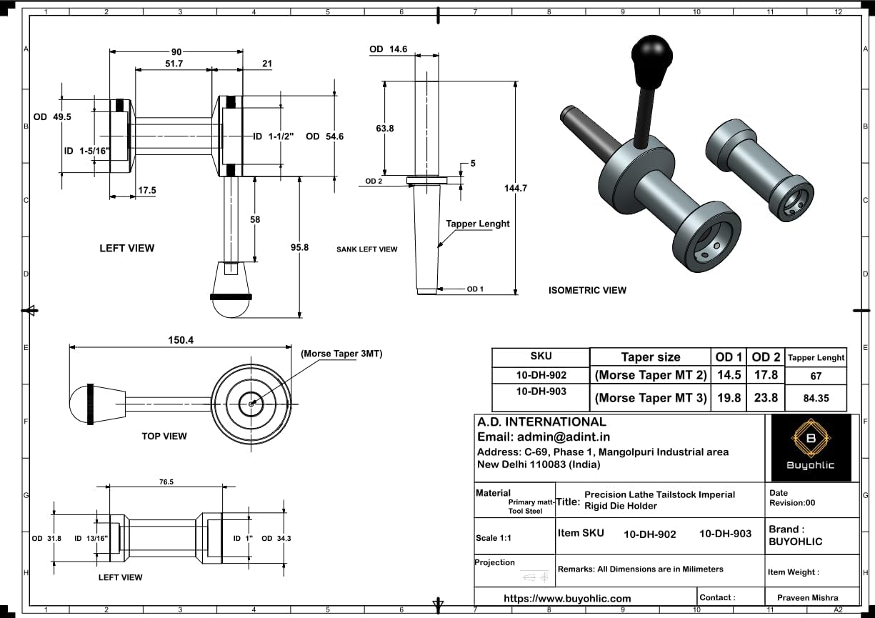 Buyohlic Rigid And More Precise- Lathe Tailstock Die Holder-Imperial Sizes Machine Tools (Morse Taper 2MT)