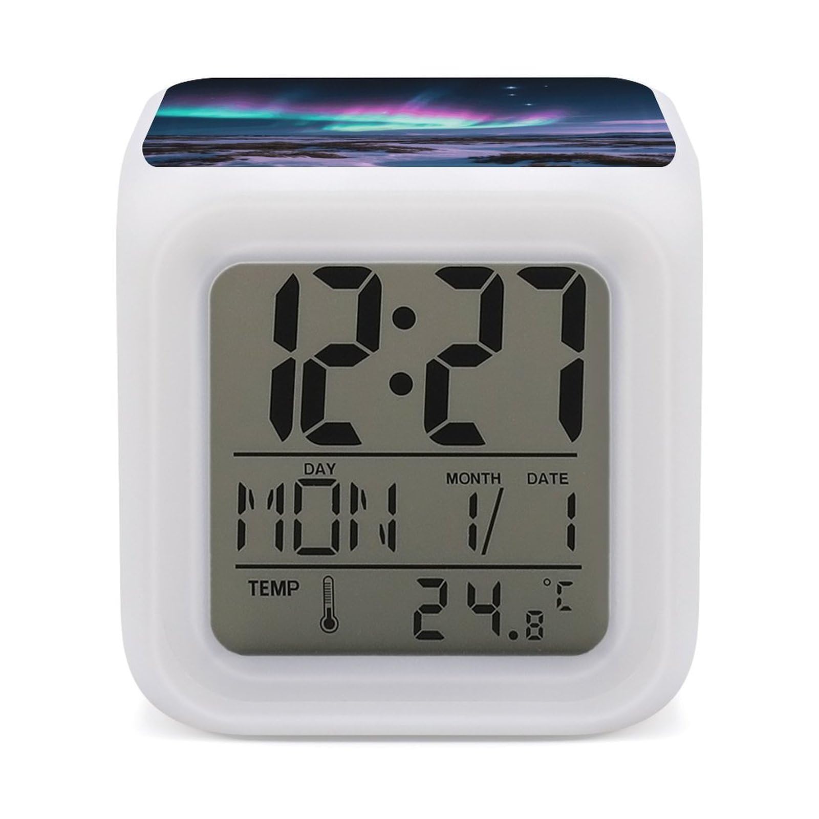 VstaDank Aurora Alarm Clock with Date Temperature Large LED Display Number Clocks with 7 Colors Changing Desk Clock Battery Operated Digital Clocks with Date for Heavy Sleepers