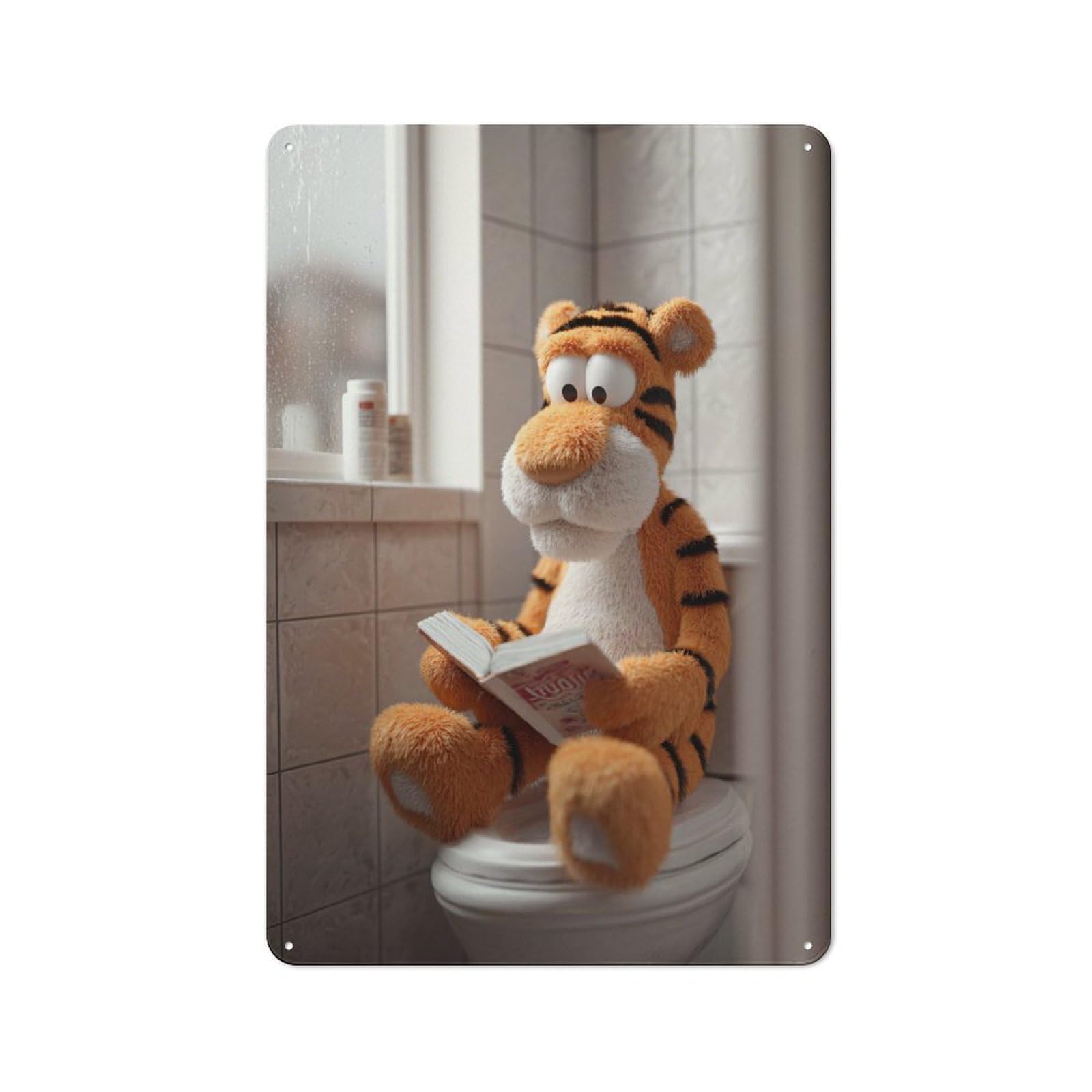 Junmoney Style-12 Vintage Metal Sign 30X20cm Featuring Tiger Reading A Book On Toilet For Pub Or Café, Wall Decor For People Reorganising Pub And Café