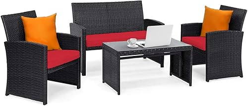 Miniatura 8 de KOTEK Juego de muebles de patio de 4 piezas, juego de conversación de mimbre de ratán al aire libre, juego de sofá y mesa de ratán al aire libre con