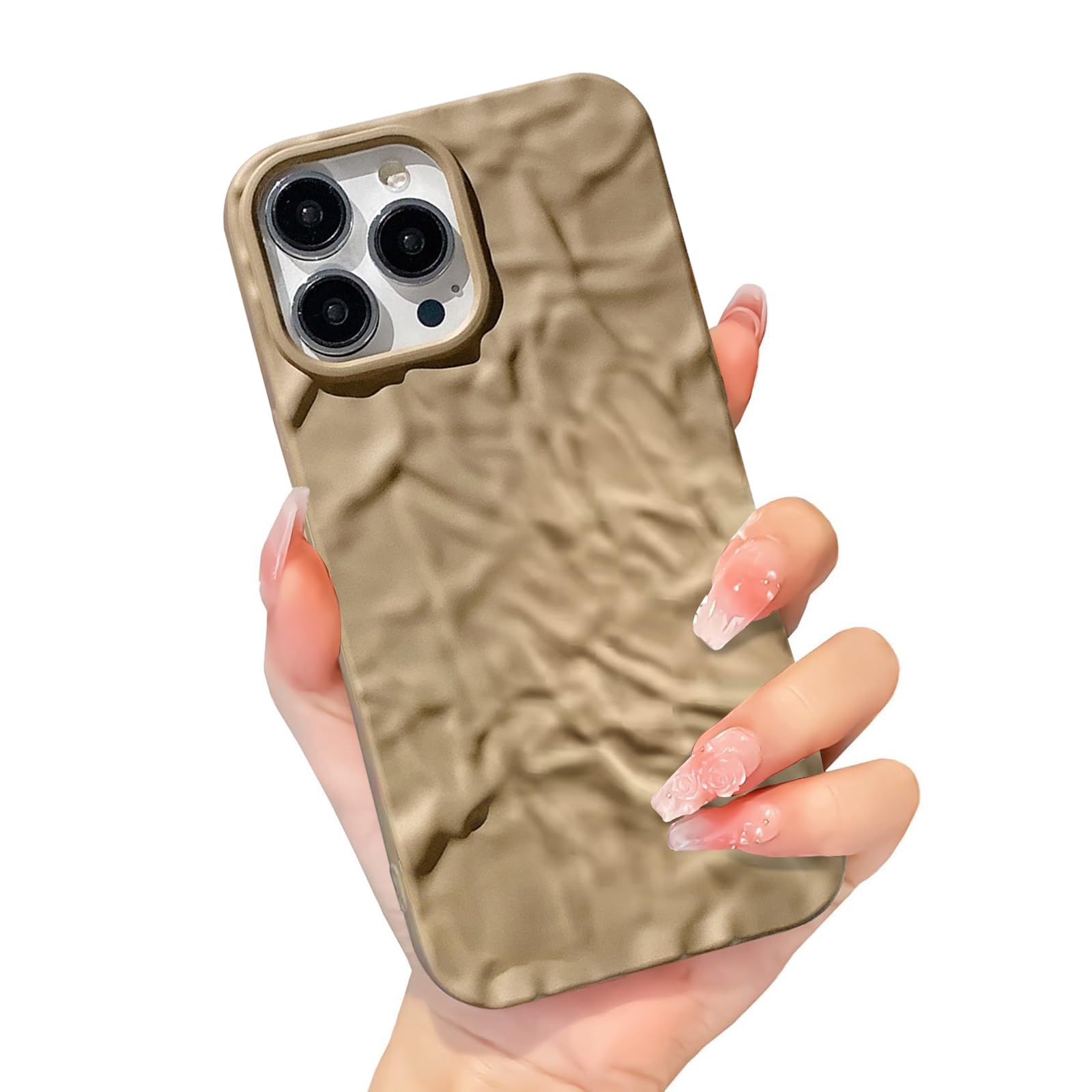 Funda compatible con iPhone 13 Pro, diseño plisado de papel de aluminio 3D, color caqui, marrón, silicona, ajuste delgado, suave, mate, 6.1 pulgadas