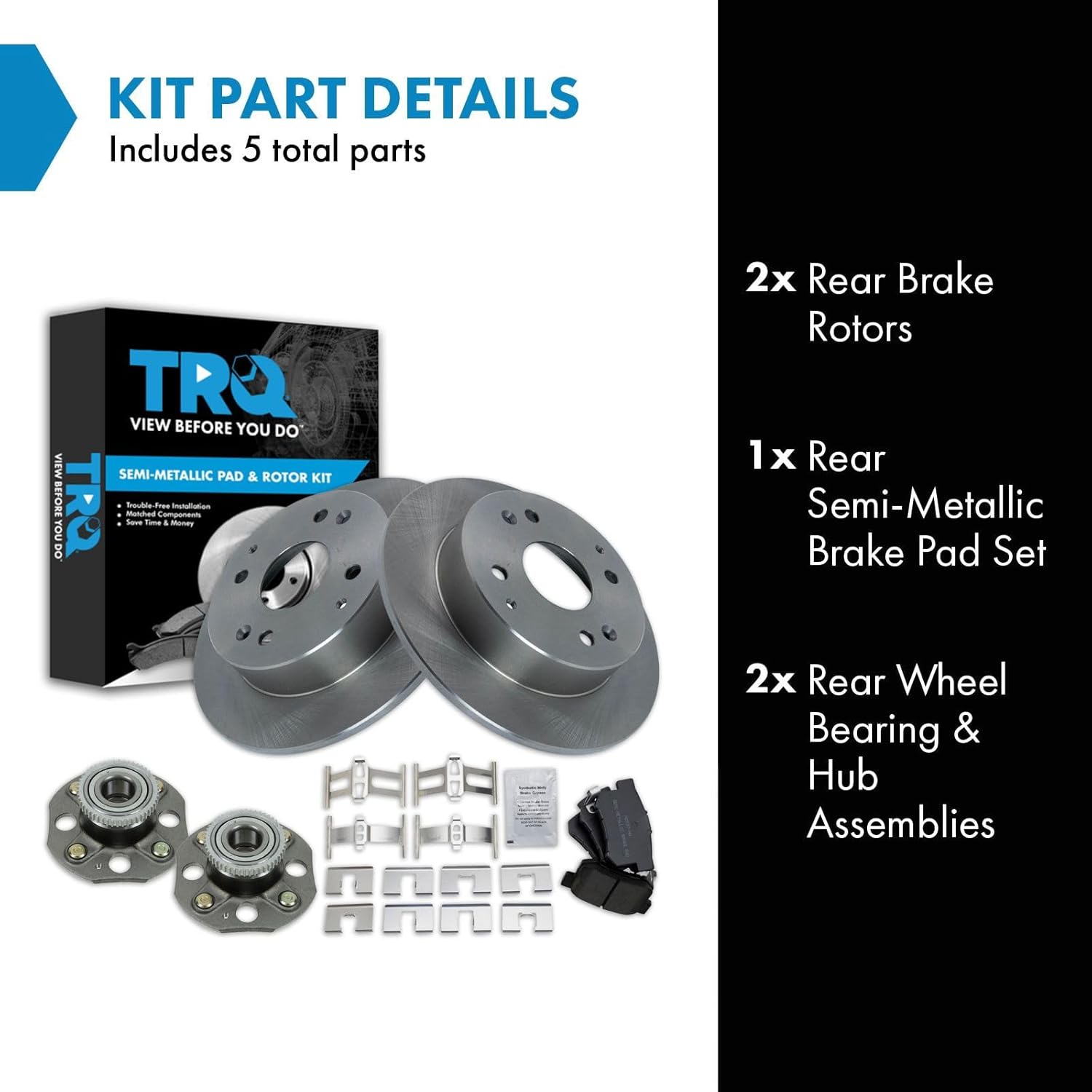 TRQ Rear Brake Pad and Rotor Set Semi Metallic Rotors Wheel Hub Bearing Assembly Compatible with 1998-2002 Honda Accord