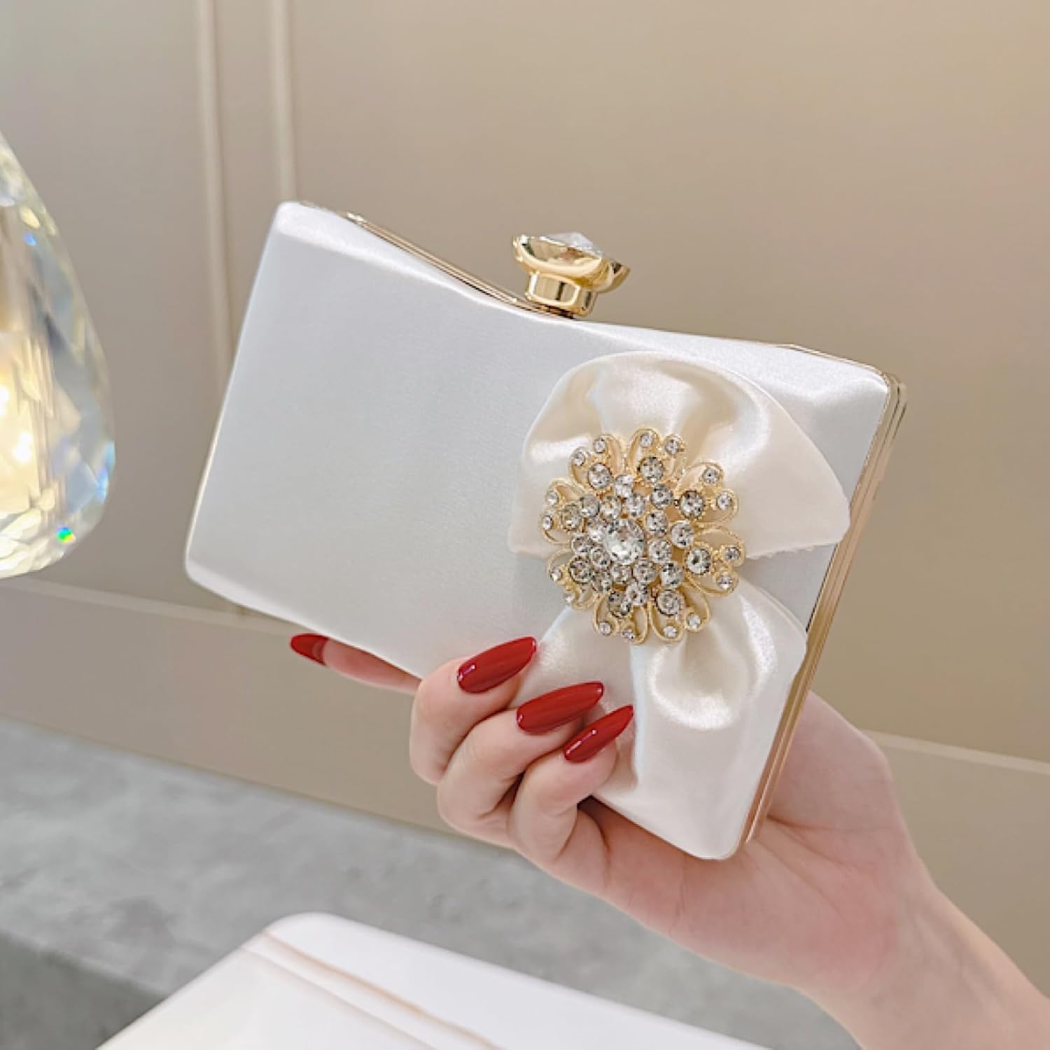 Floral Satin Box Clutch Purse for Women | Elegant Crystal Clasp Formal Handbag for Wedding Bridesmaid Party Prom - Image 3