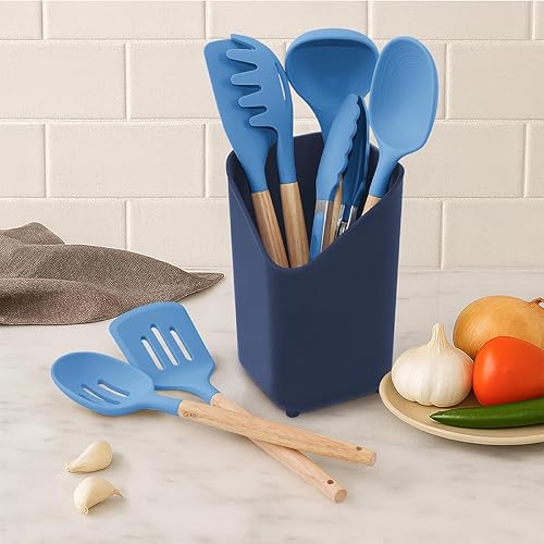 Miniatura 2 de Glad Juego de utensilios de cocina de silicona, 8 piezas, herramientas de cocina antiadherentes con asas de madera y soporte para utensilios, juego