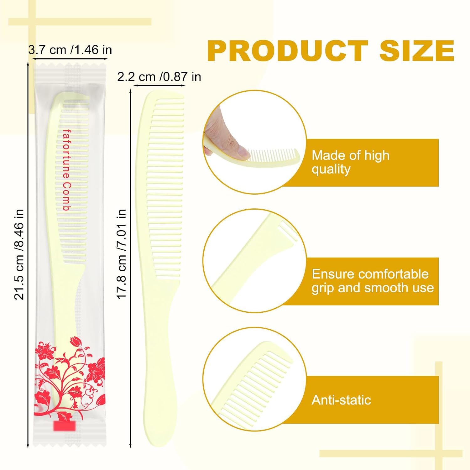 200 PCS Disposable Combs in Bulk Individually Wrapped, Plastic Unbreakable Yellow Hair Combs for Homeless, Suitable for Family,Hotel, Air Bnb, Shelter,Nursing,Home,Charity and Church